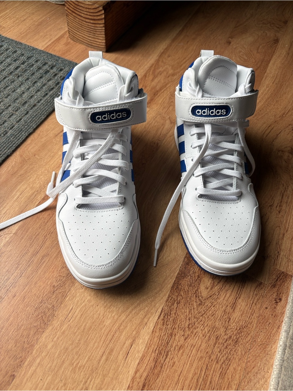 adidas Mens White and Blue High-Top Sneakers with Strap